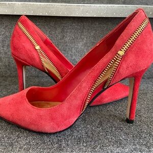Elegant Red Suede Heels with Gold Zipper-Marc Fisher